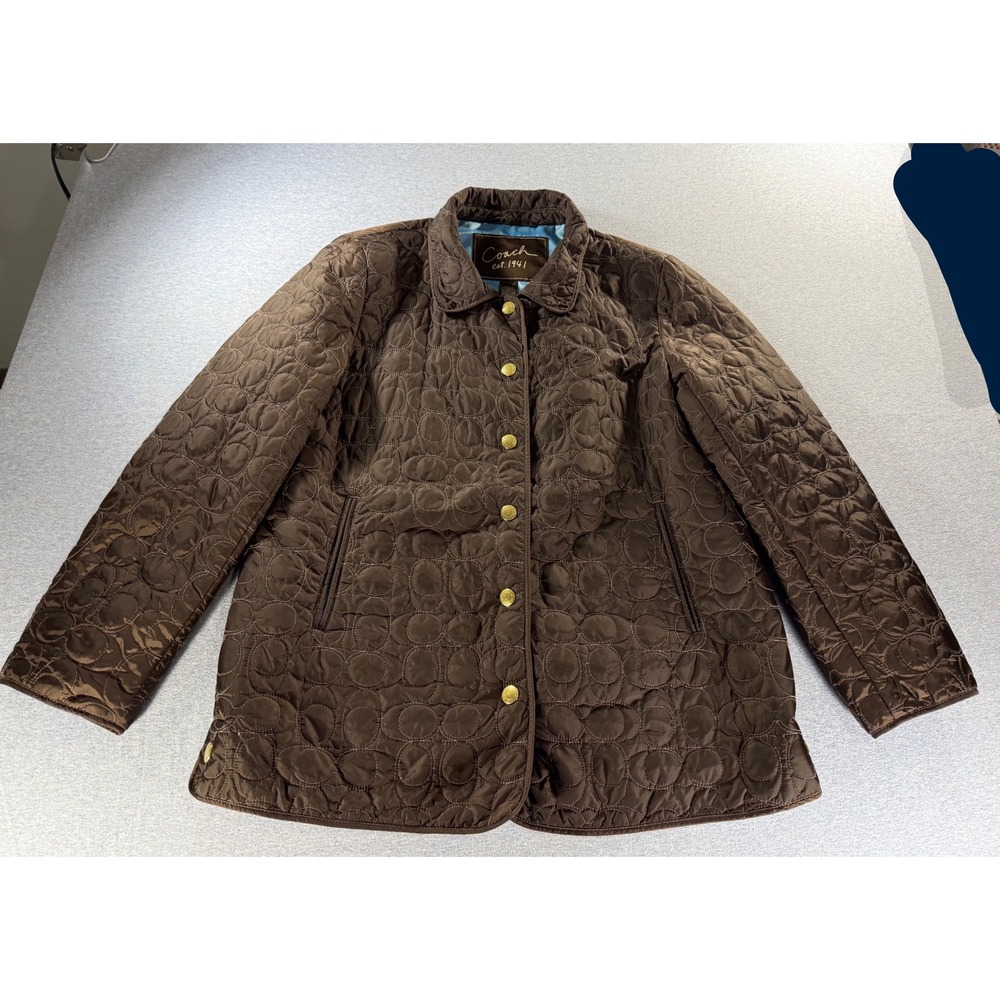 Coach Est. 1941 Women Brown Signature C Quilted Barn Jacket Coat Gold Snaps L